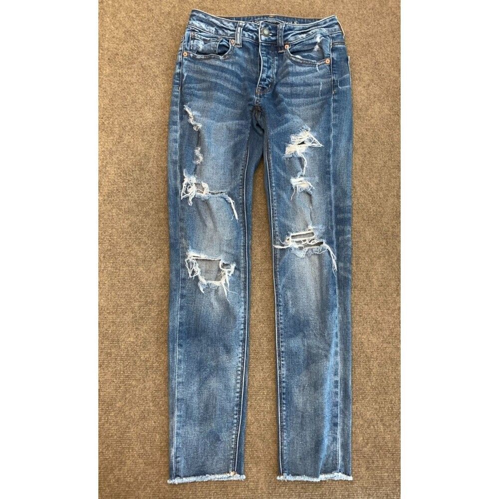 American Eagle Jeans Womens 00 Mid Rise Tomgirl Distressed Button Fly Y2K Denim